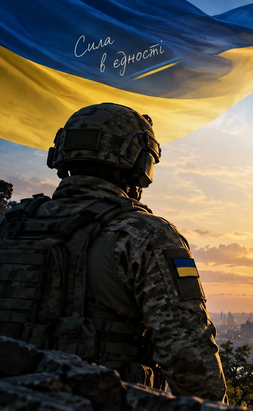 Український військовий дивиться на вечірній Київ під прапором України